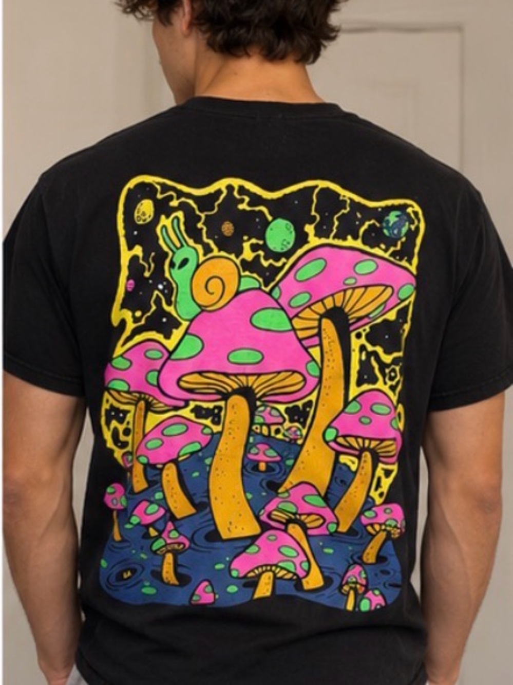Men's Black Graphic Tee with Neon Mushroom Print